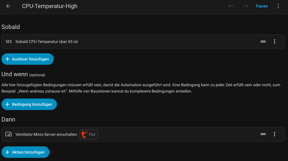 Home-Assistant-Automation: Ventilator bei CPU-Temperatur ≥ 65 °C einschalten