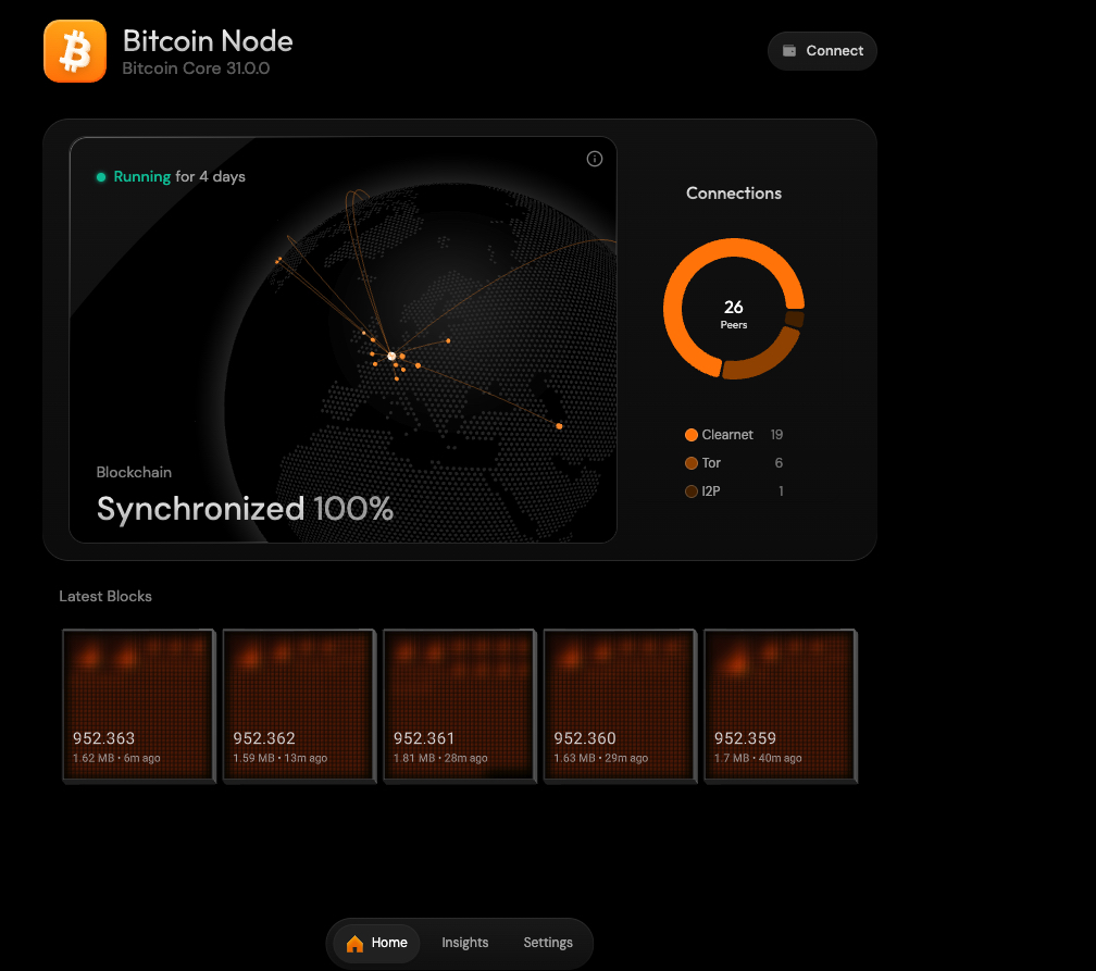 Bitcoin Node auf Umbrel – 100% synchronisiert, 26 Peers