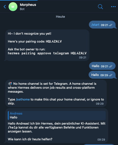Erster Chat mit Hermes über Telegram – Pairing-Code und Willkommensnachricht